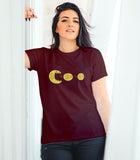 Funny Bitcoin Cryptocurrency Graphic Maroon T-shirt on a Girl model