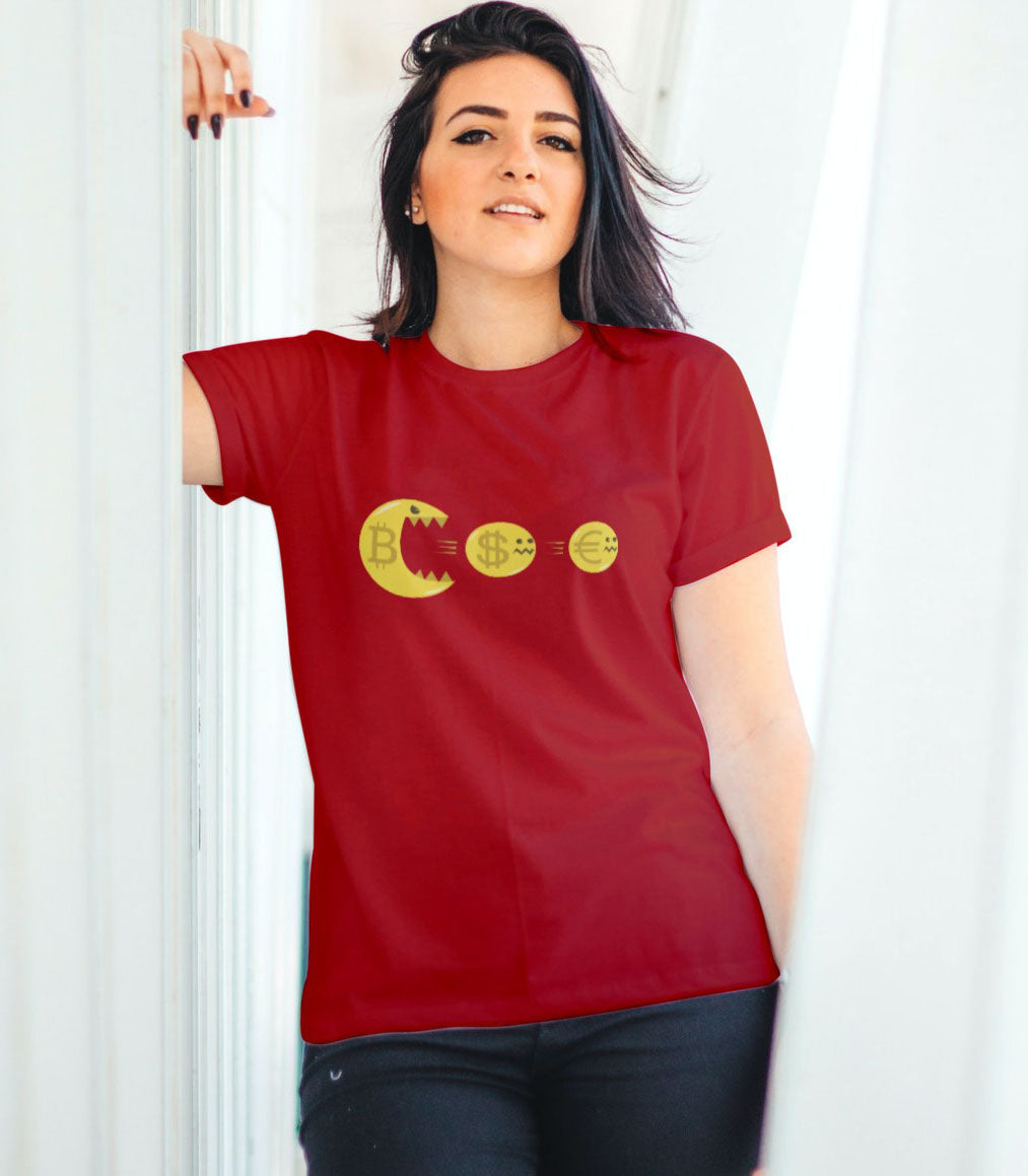 Funny Bitcoin Cryptocurrency Graphic Red T-shirt on a girl model