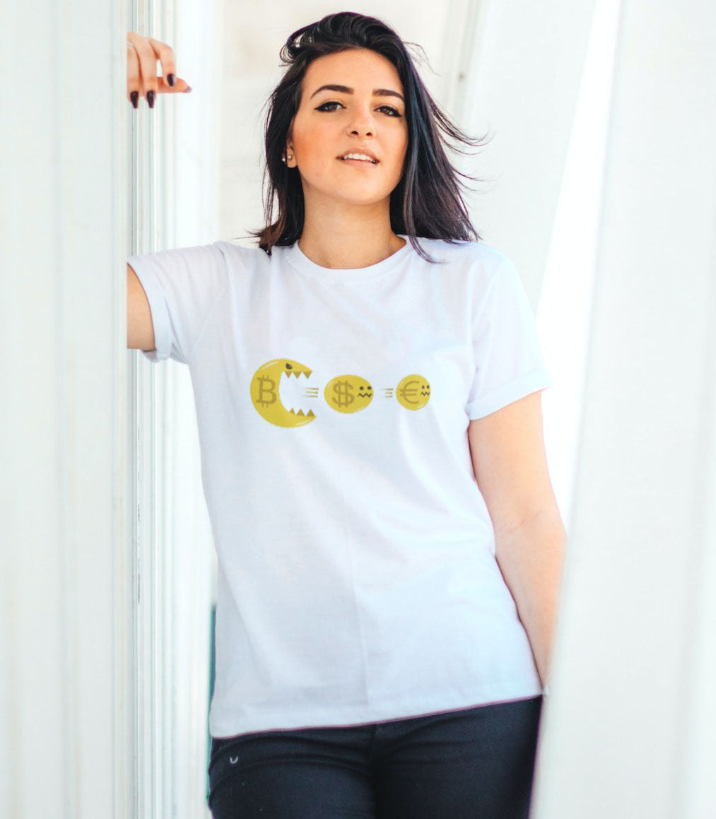 Funny Bitcoin Cryptocurrency Graphic White T-shirt on a girl model