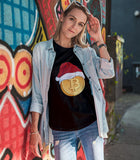 Bitcoin With A Christmas Cap Graphic Black T-shirt on a girl model
