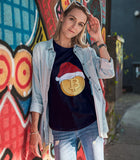 Bitcoin With A Christmas Cap Graphic Navy Blue T-shirt on a girl model