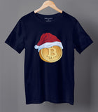 Bitcoin With A Christmas Cap Graphic Navy Blue T-shirt