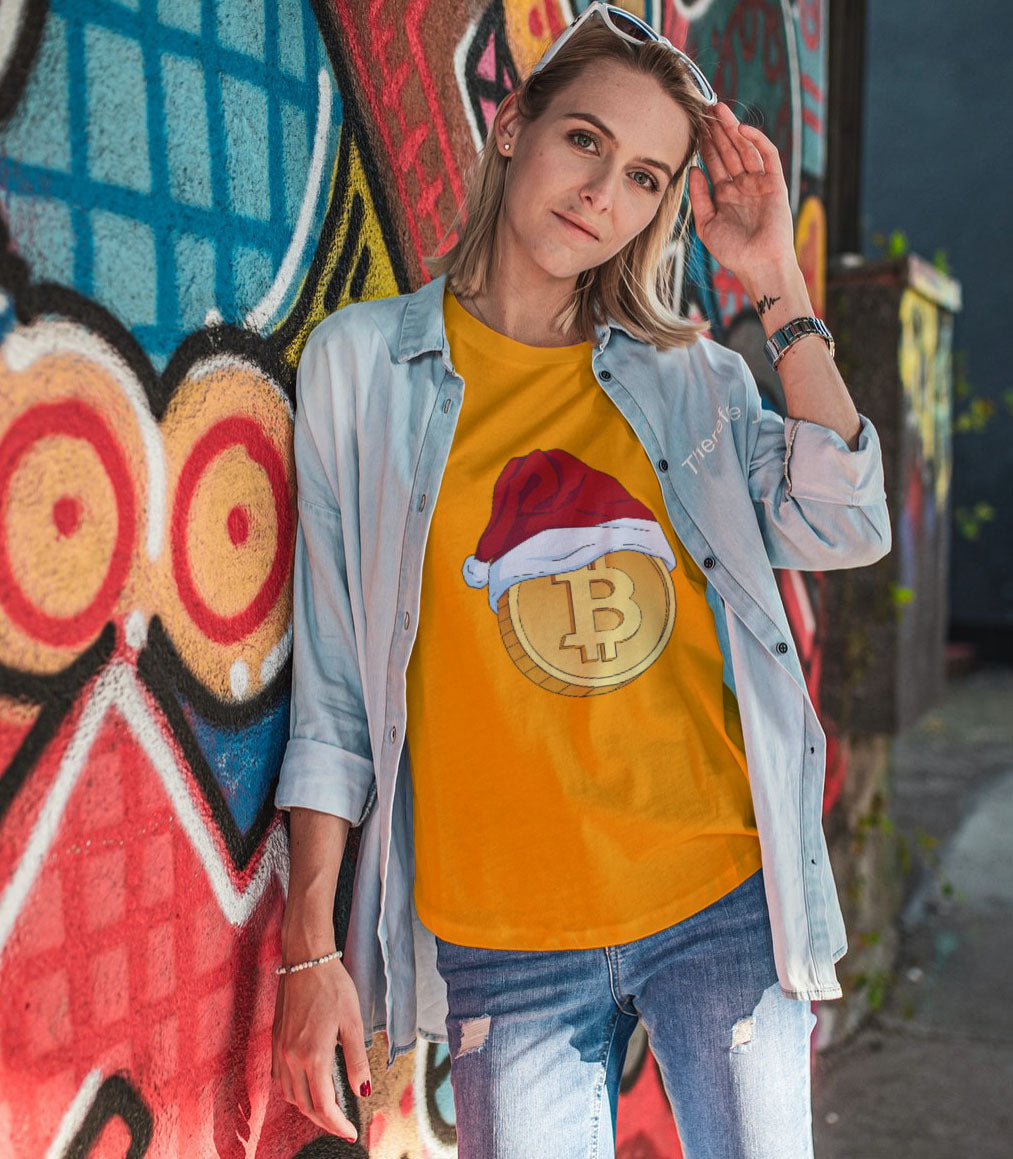 Bitcoin With A Christmas Cap Graphic Mustard Yellow T-shirt on a girl model