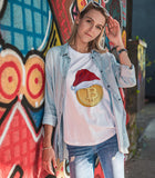 Bitcoin With A Christmas Cap Graphic White T-shirt on a girl model