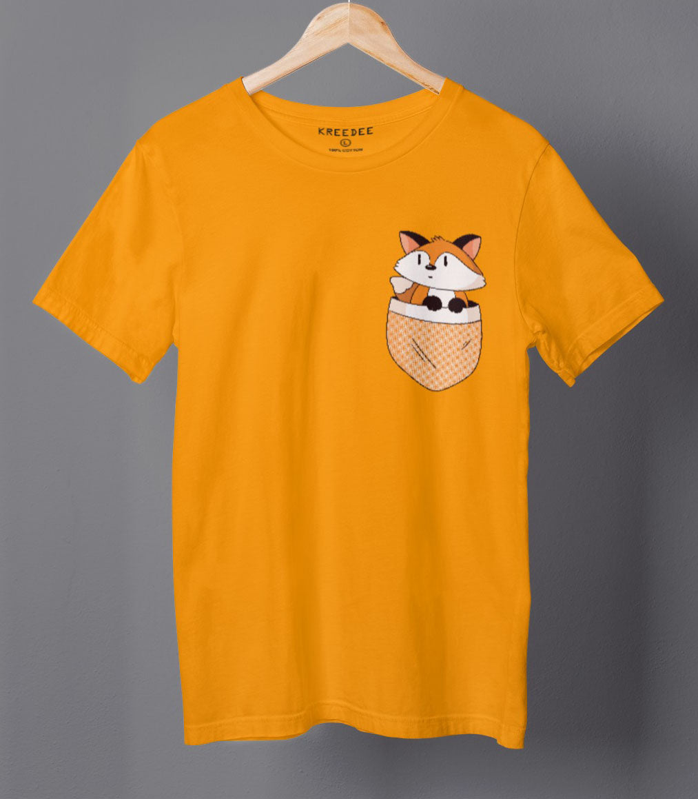 Cute Cat Pocket Graphic Mustard Yellow T-shirt