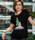 Santa Bunny Cute Christmas Graphic Black T-shirt worn by a female model