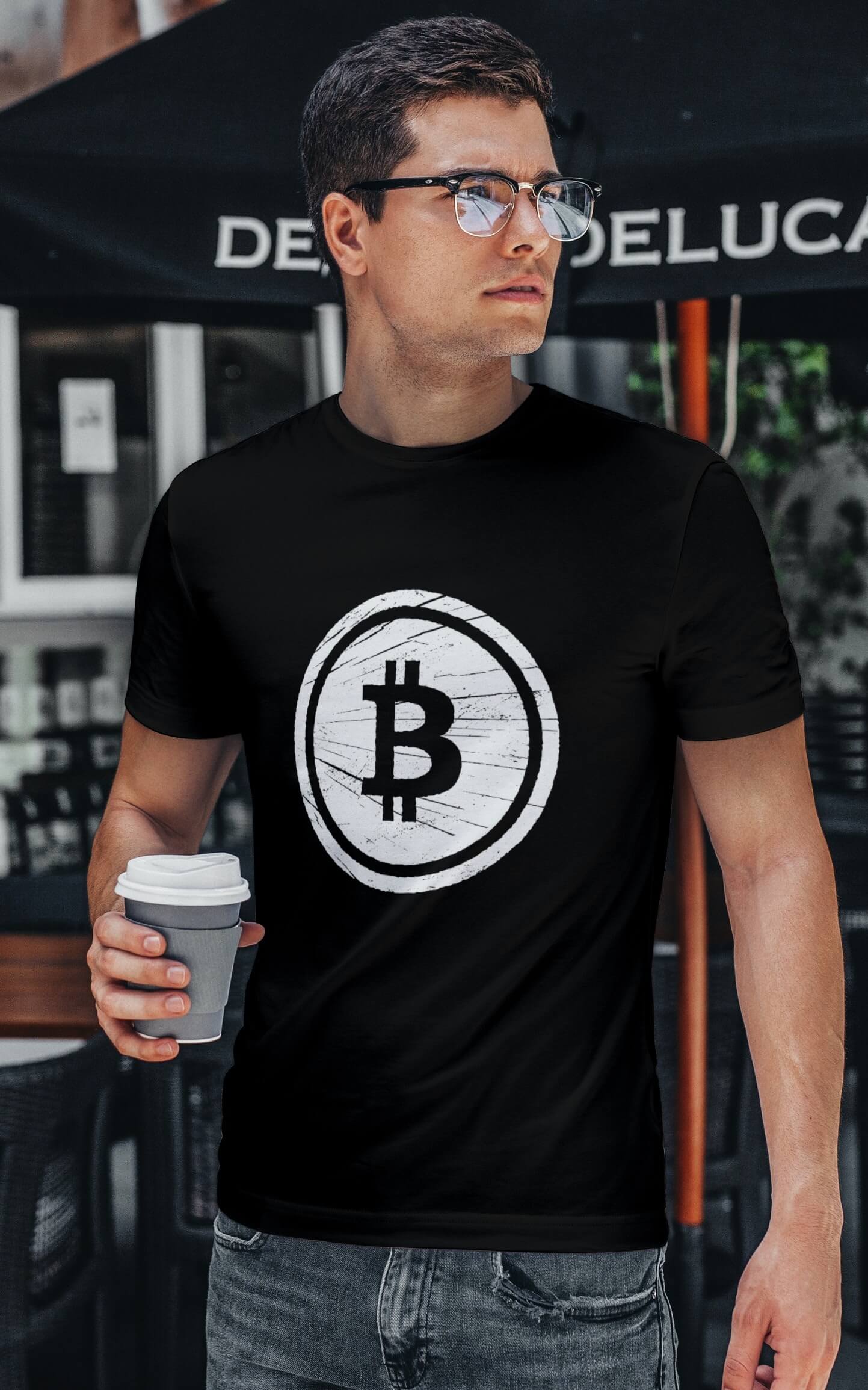 Bitcoin White Logo Cryptocurrency Graphic Black T-shirt Male Model
